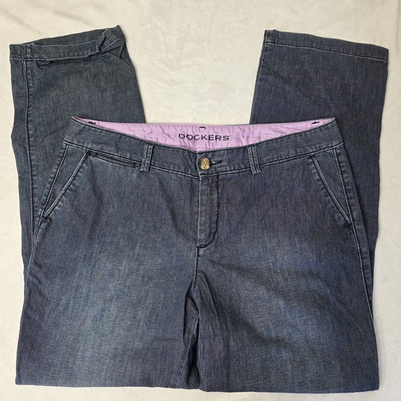 Dockers Size 14M Dark Blue Denim Jeans Wide Straight Leg 5 Pocket Fly Flat Front - Picture 1 of 11